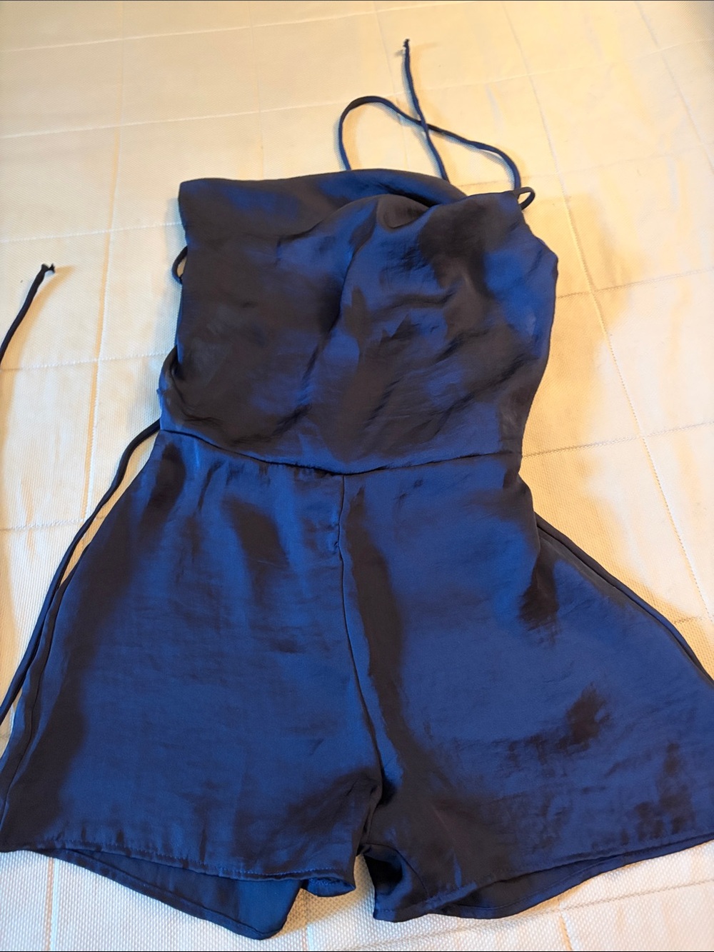Women's Navy Satin Romper with Spaghetti Straps size XS